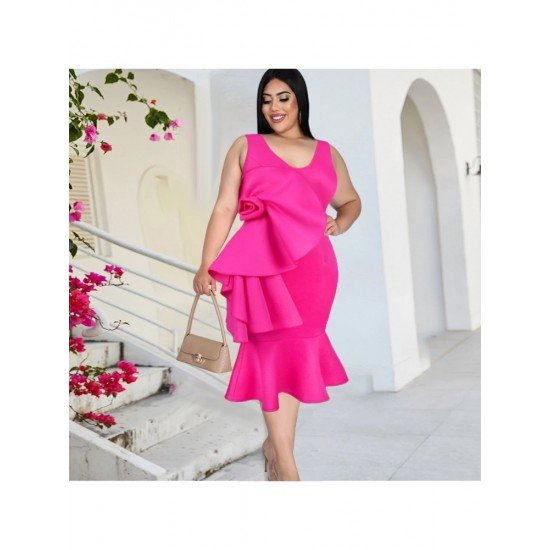 Stylish Rose Sleeveless V Neck Plus Size Dresses