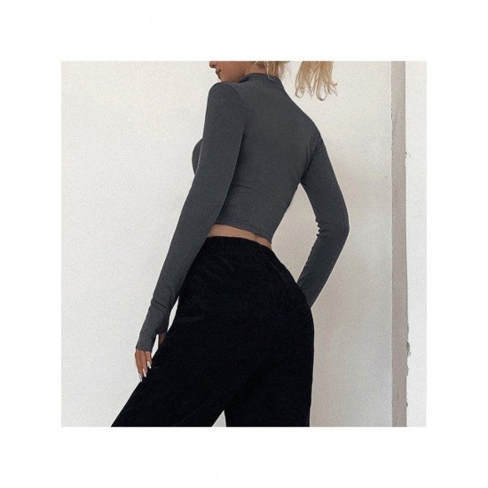 Fall Solid Long Sleeve Half Zipper Tops