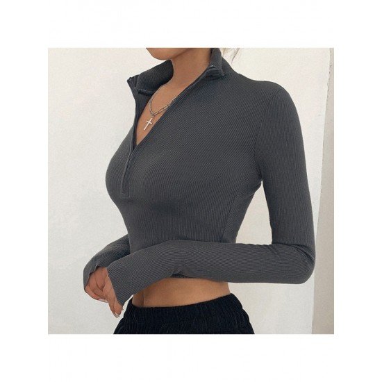 Fall Solid Long Sleeve Half Zipper Tops