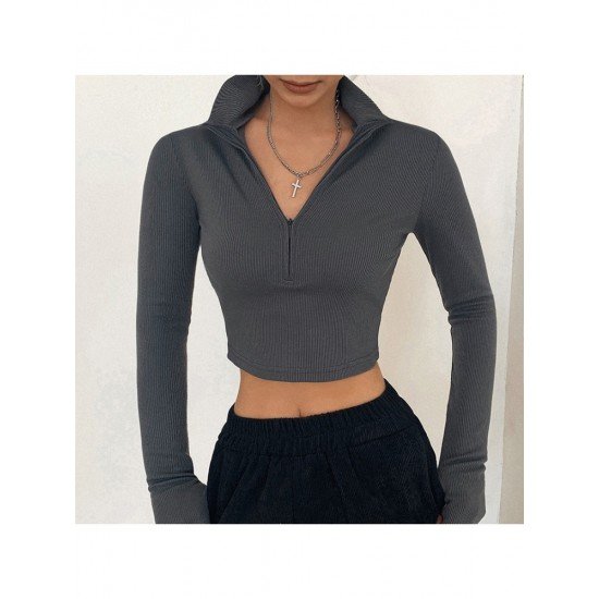 Fall Solid Long Sleeve Half Zipper Tops