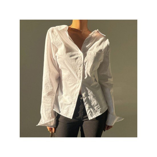 New Simple White Long Sleeve Blouse For Ladies