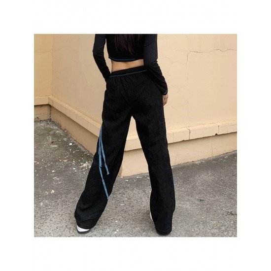  Corduroy Black Straight Leg Drawstring Ladies Trousers