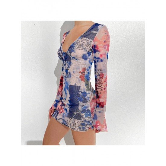 V Neck Printed Long Sleeve Mini Dress