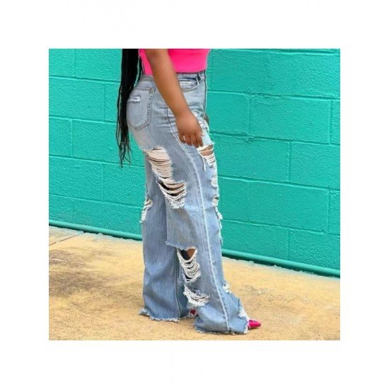  Fashion Pure Color Ripped Women's Denim Jeans