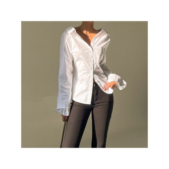 New Simple White Long Sleeve Blouse For Ladies