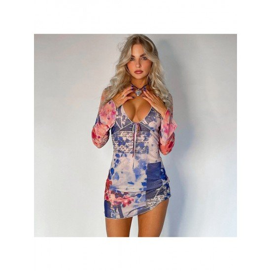 V Neck Printed Long Sleeve Mini Dress