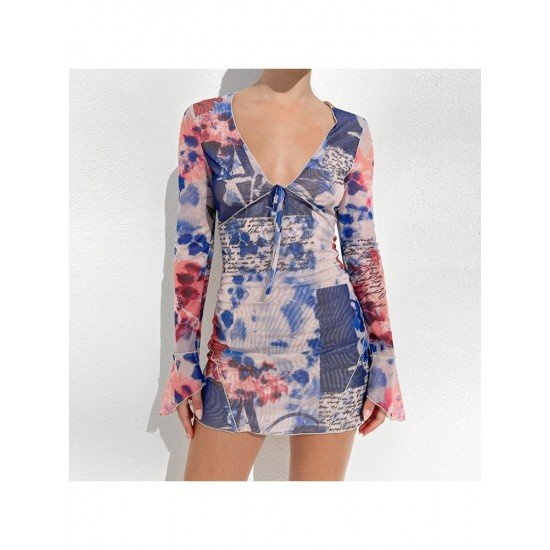 V Neck Printed Long Sleeve Mini Dress