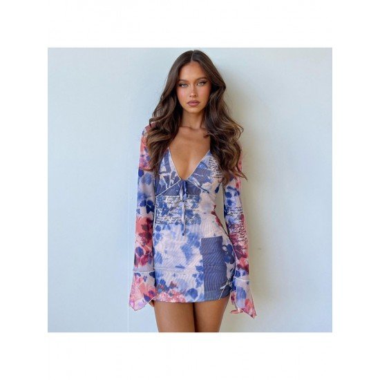 V Neck Printed Long Sleeve Mini Dress