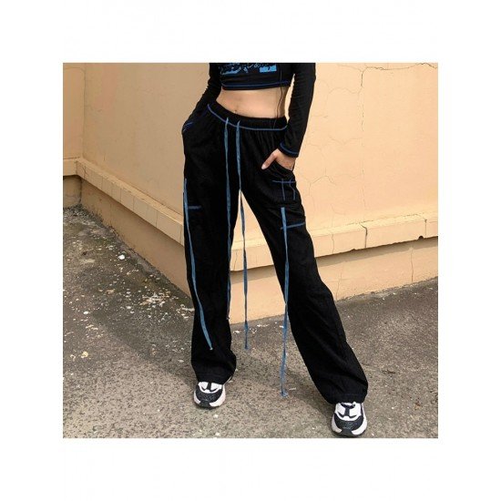  Corduroy Black Straight Leg Drawstring Ladies Trousers