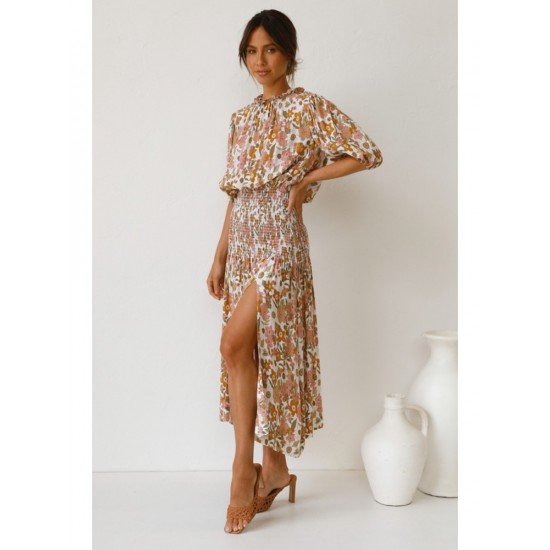  Summer Round Neck Split Hem Floral Dress