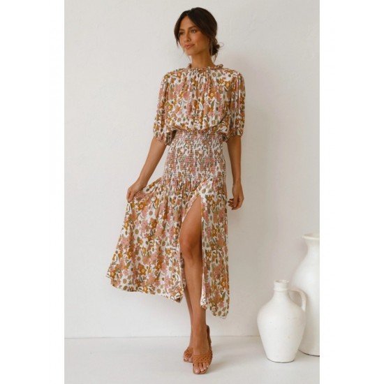  Summer Round Neck Split Hem Floral Dress