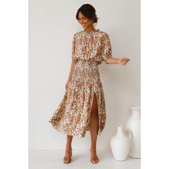  Summer Round Neck Split Hem Floral Dress