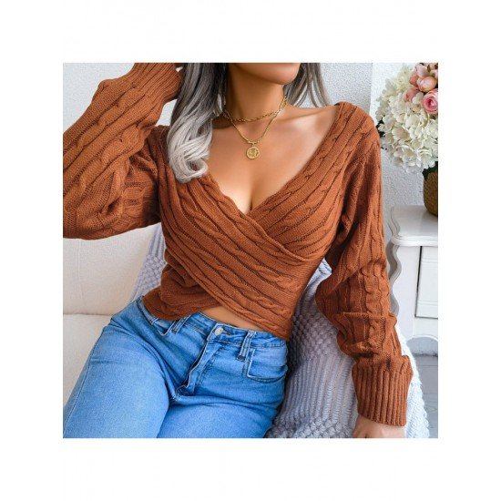  Pure Color Cross V-Neck Navel Sweater