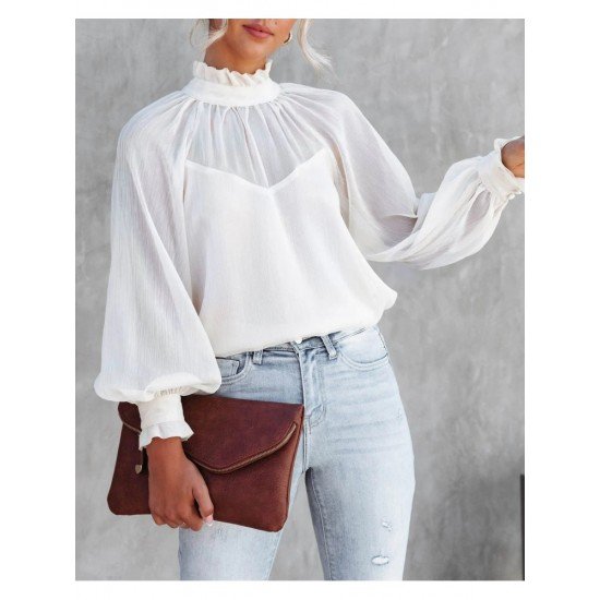  2022 Lantern Sleeve Pure Color Women's Blouse