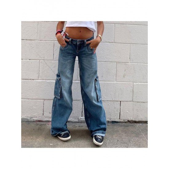 Y2K Style Straight Leg Low Rise Blue Jeans