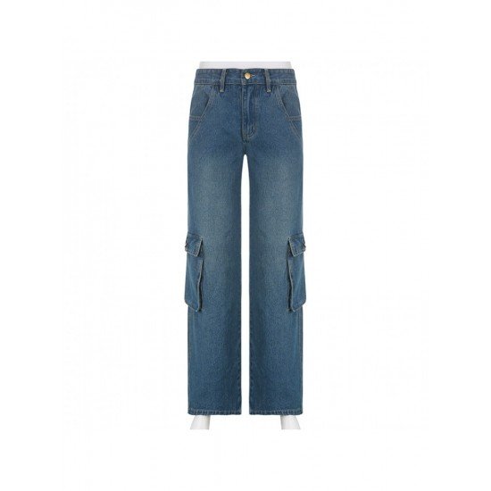 Y2K Style Straight Leg Low Rise Blue Jeans