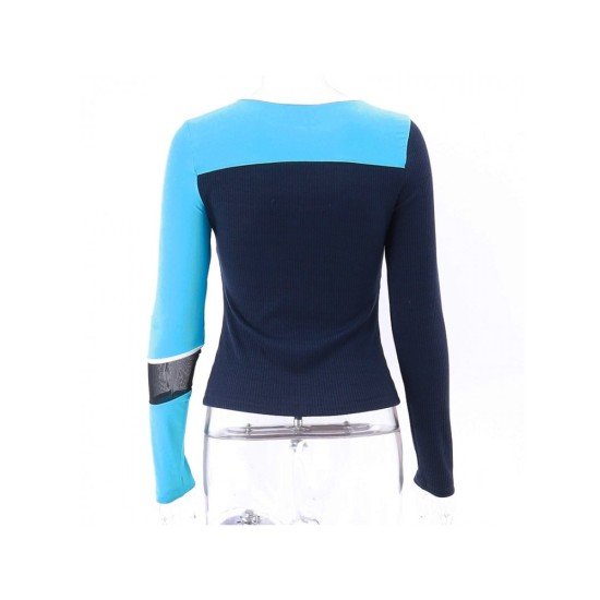 Patchwork Color Blocking Long Sleeve Ladies Tops