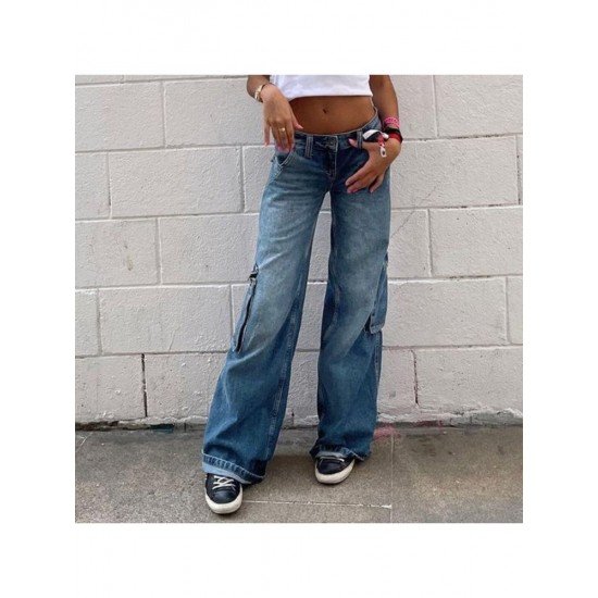 Y2K Style Straight Leg Low Rise Blue Jeans