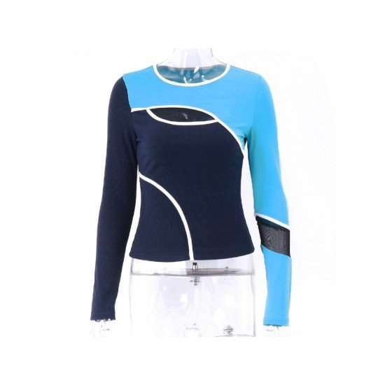 Patchwork Color Blocking Long Sleeve Ladies Tops