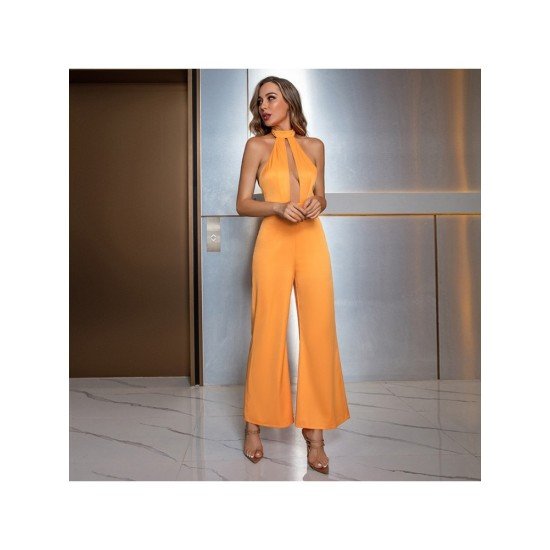 Open Back Halter Wide Leg Jumpsuits For Women