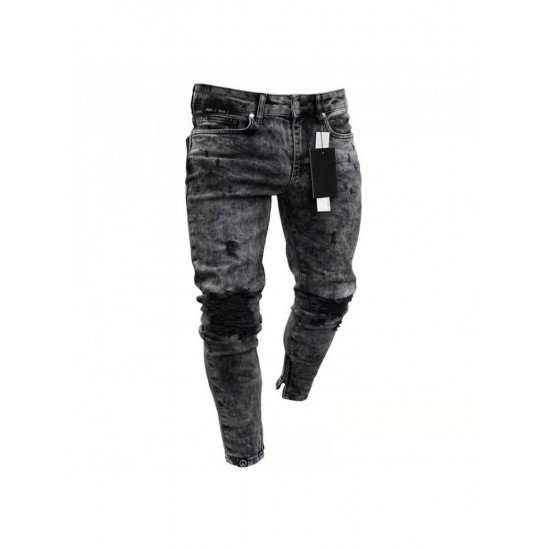  Fashion Pure Color Ripped Men's Denim Jeans