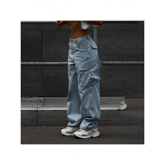 Stylish Straight Loose Leg Blue Cargo Jeans