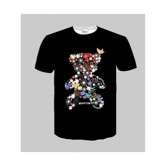 Flower Bear Printed Black Short Sleeve Tees For Men