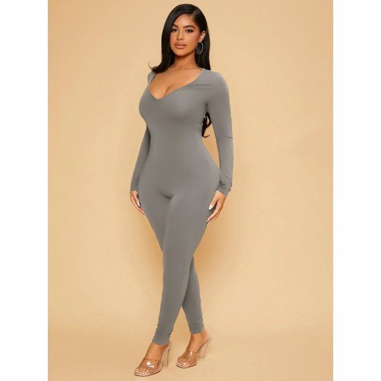  Sexy Skinny V-Neck Pure Color Women's Jumpsuit