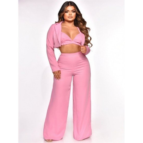  Pure Color Women's Trousers Three-Piece Set