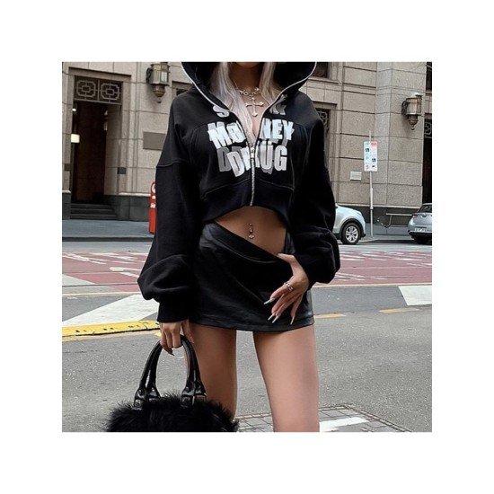 Letter Printed Black Hooded Collar Crop Coats