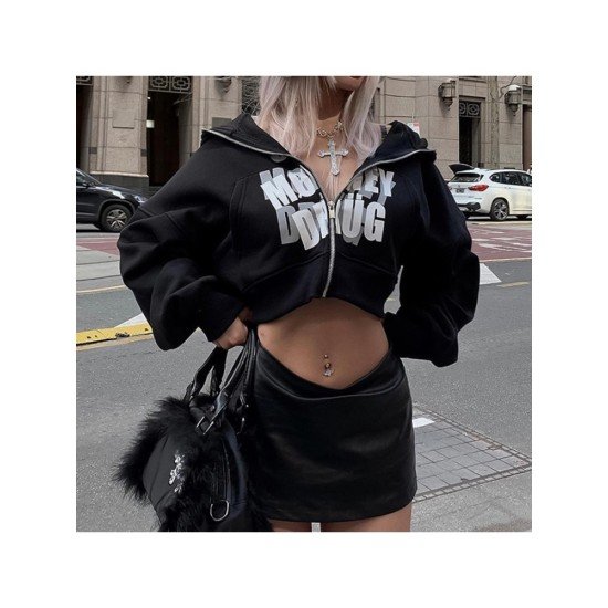 Letter Printed Black Hooded Collar Crop Coats