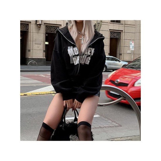 Letter Printed Black Hooded Collar Crop Coats