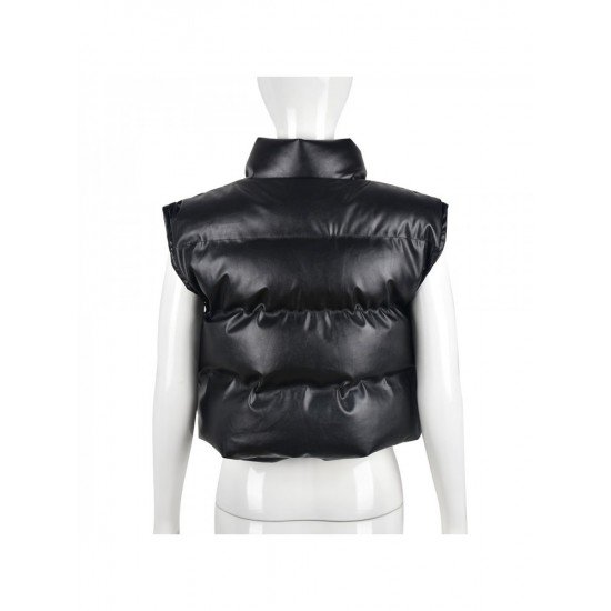 Street Sleeveless PU Black Down Coats