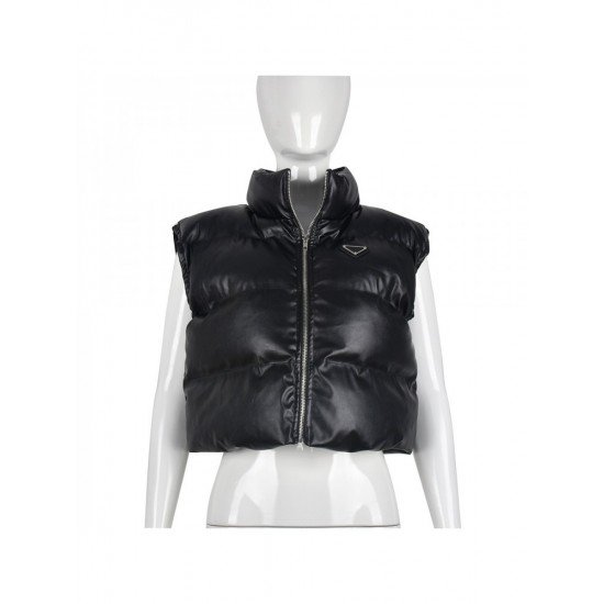 Street Sleeveless PU Black Down Coats