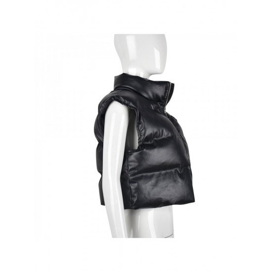 Street Sleeveless PU Black Down Coats