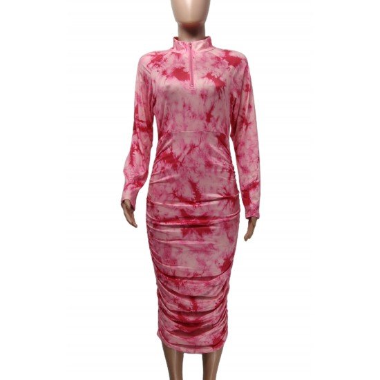  Slim Tie Dyed Women's Pink Long Sleeve Dress