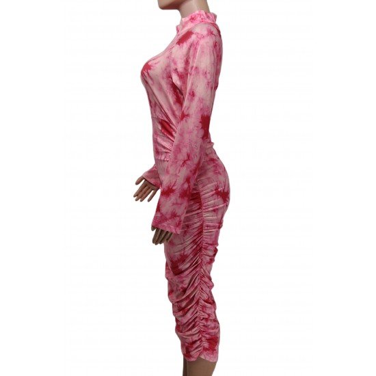  Slim Tie Dyed Women's Pink Long Sleeve Dress