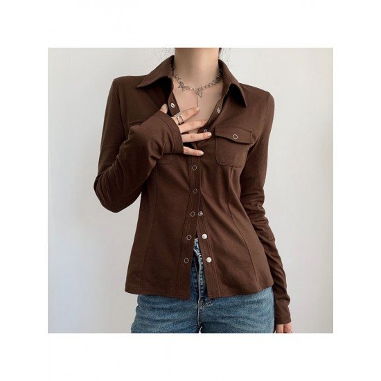  Fashion Pure Color Turndown Neck Women's Shirts