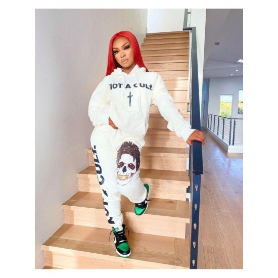 Skull Hooded White 2 Piece Jogger Sets For Women