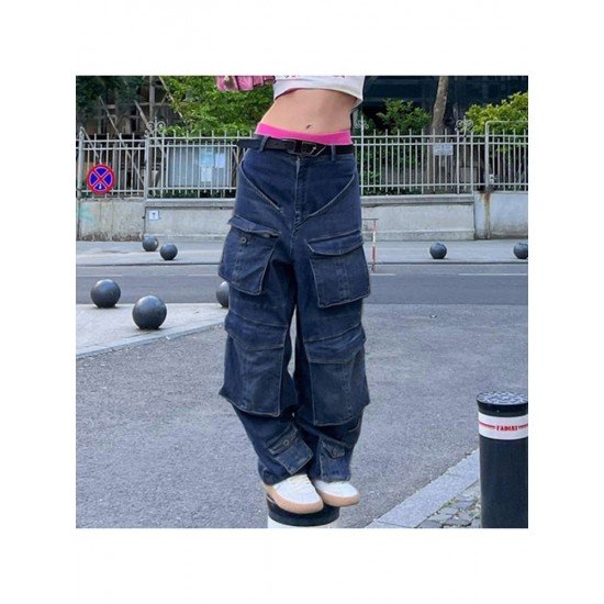 Wide Leg Blue Pockets Design Low Rise Jeans