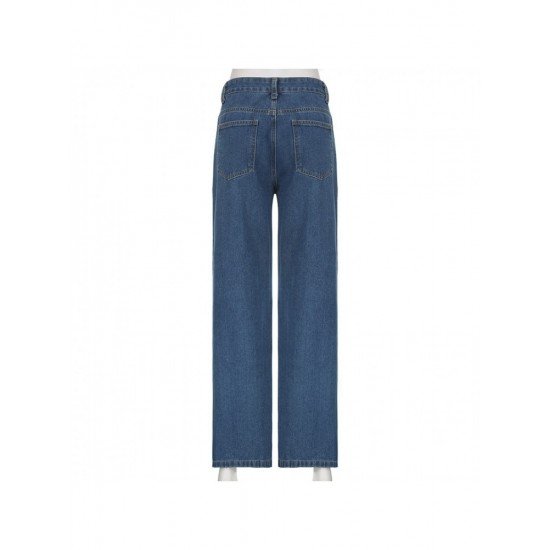 Wide Leg Blue Pockets Design Low Rise Jeans