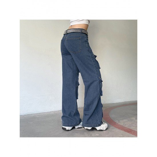 Wide Leg Blue Pockets Design Low Rise Jeans