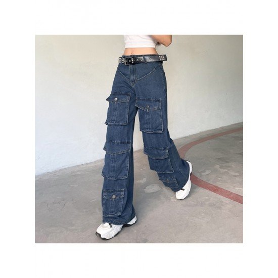 Wide Leg Blue Pockets Design Low Rise Jeans