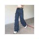 Wide Leg Blue Pockets Design Low Rise Jeans