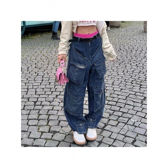 Wide Leg Blue Pockets Design Low Rise Jeans