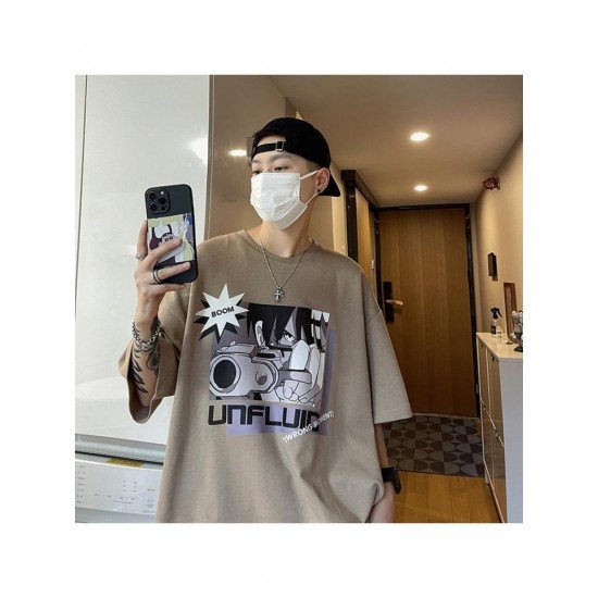  Fashion Cartoon Pattern Men Loose Tee