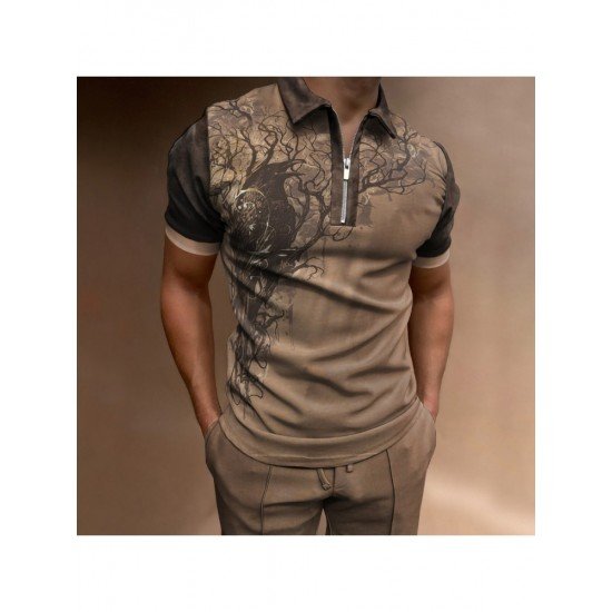  Men's Casual Printing Zipper Up Short Sleeve Polo Shirt