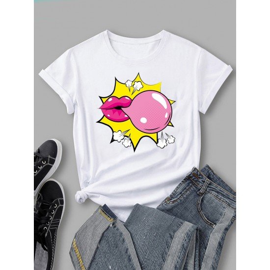 Blowing Bubble Gum Graphic Short Sleeve T Shirts