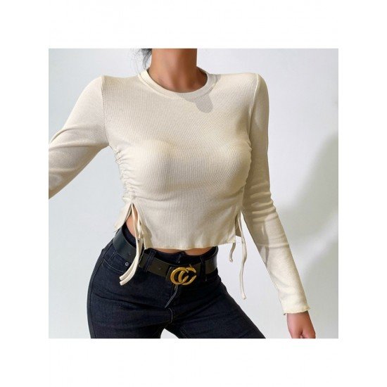  Pure Color Round Neck Women's Long Sleeve Top