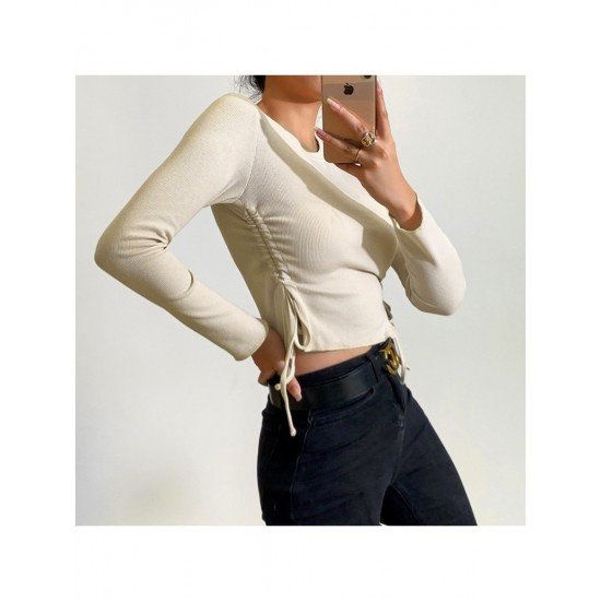  Pure Color Round Neck Women's Long Sleeve Top